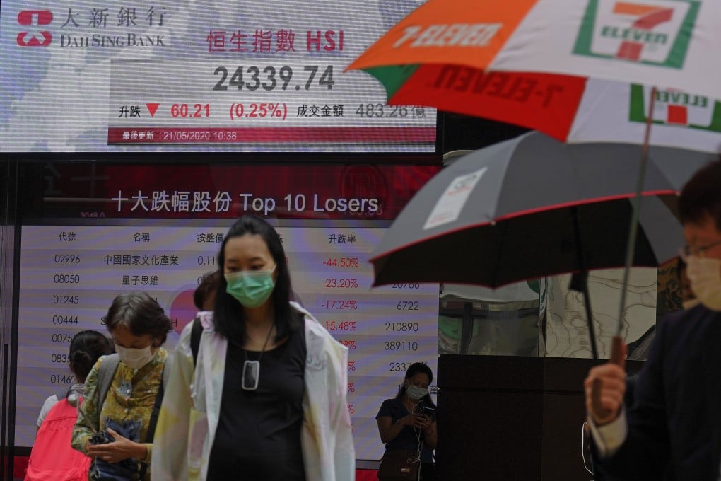 People wearing face masks walk past a bank's electronic board showing the Hang Seng Index in Central, Hong Kong in May last year. Photo: AP