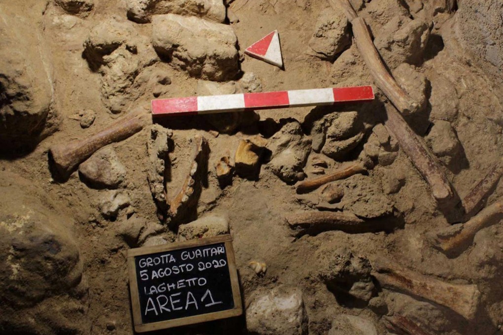 Fossilised remains in the Guattari Cave in San Felice Circeo, Italy. Photo: Italian Culture Ministry via AFP