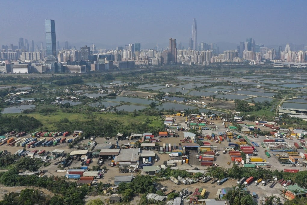 Hong Kong’s rural land, some of which includes brownfield sites. In the backdrop is the Futian district of Shenzhen. Photo: Roy Issa