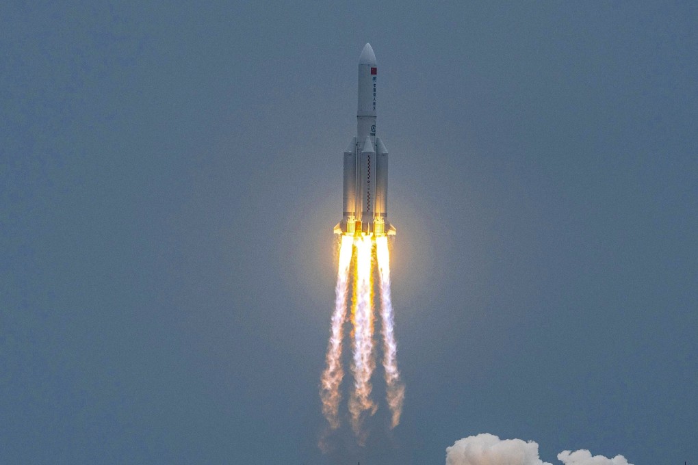 The Long March 5B rocket leaves the southern island province of Hainan with the core module for China’s Tiangong Space Station in April. Photo: AFP