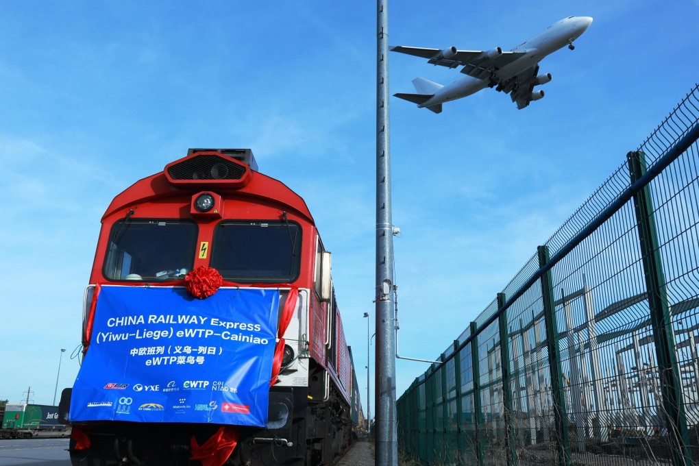 The arrival of the inaugural freight train service from eastern China's Yiwu to Liege in Belgium on November 19, 2020. Photo: Xinhua.