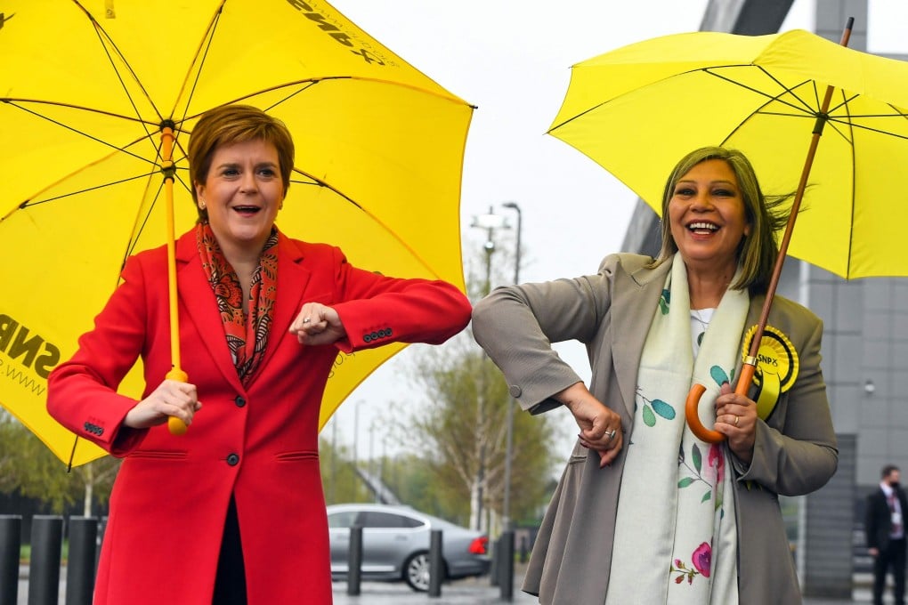 Scotland's First Minister and leader of the Scottish National Party (SNP) Nicola Sturgeon, left, and SNP MSP Kaukab Stewart in Glasgow, UK on Saturday. Photo: AFP