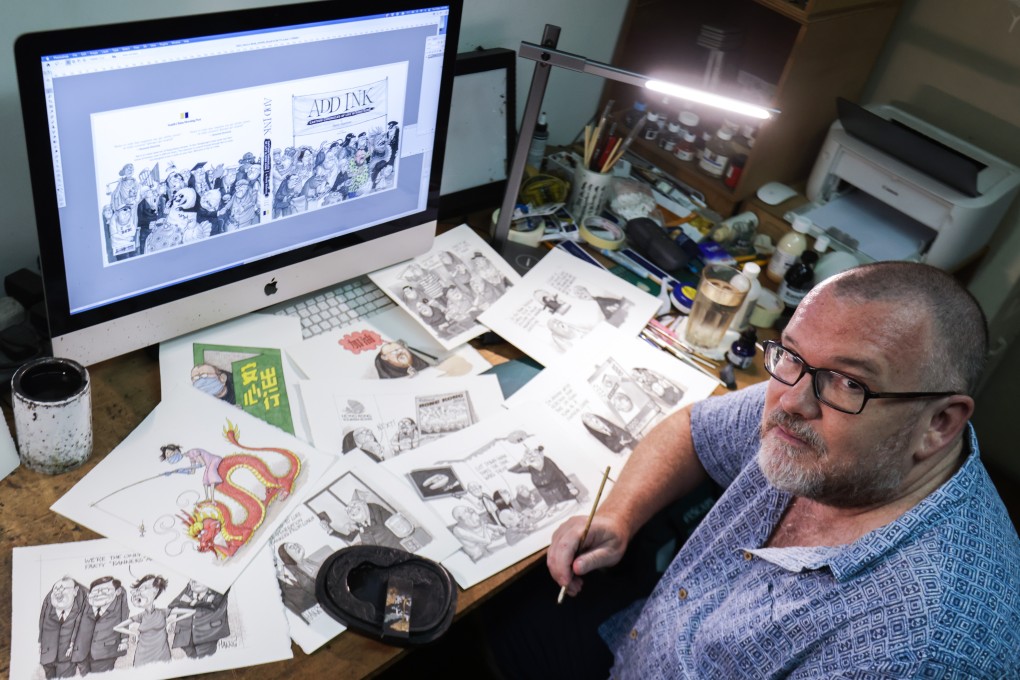 Cartoonist Harry Harrison at work in his Central studio. Photo: May Tse