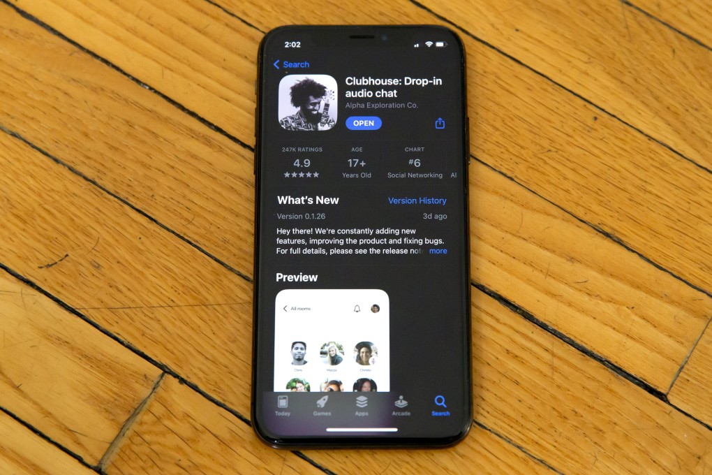 Apple's App Store page for the social media app Clubhouse is displayed on a smartphone screen. Photo: AP