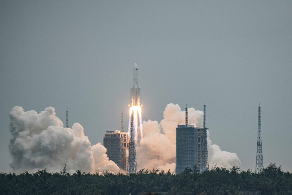 The Long March 5B rocket lifts off from the Wenchang Spacecraft Launch Site, in China’s Hainan province, on April 29. Photo: EPA-EFE