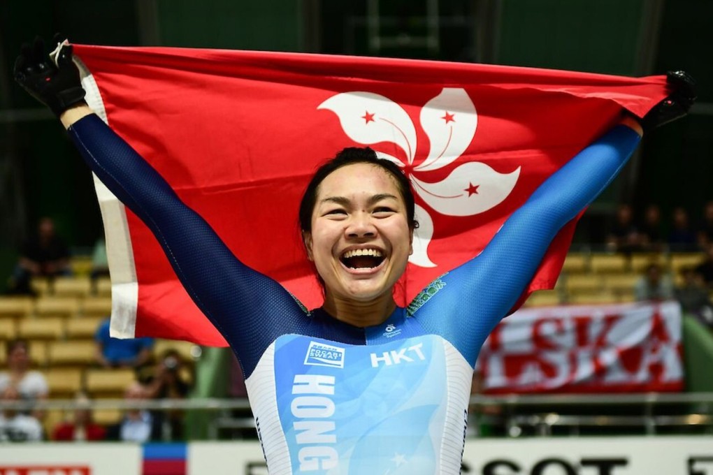 Hong Kong cyclist and Olympic medallist Sarah Lee holds the city’s flag aloft after a victory. Photo: Handout