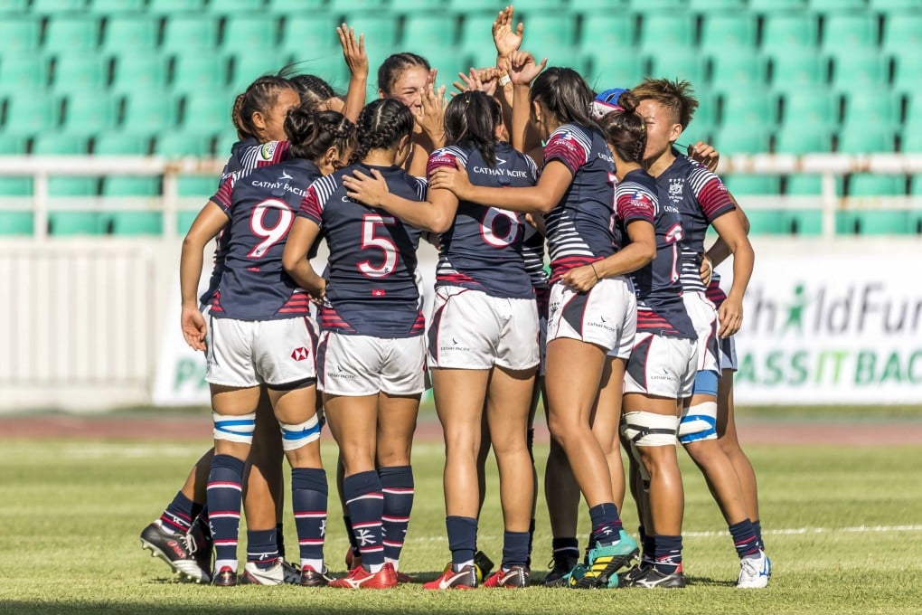 Hong Kong women’s rugby sevens team talk before playing against Sri Lanka in the Asia Rugby Sevens Tournament Qualifier for the Tokyo 2020 Olympic Games. Photo: HKRU