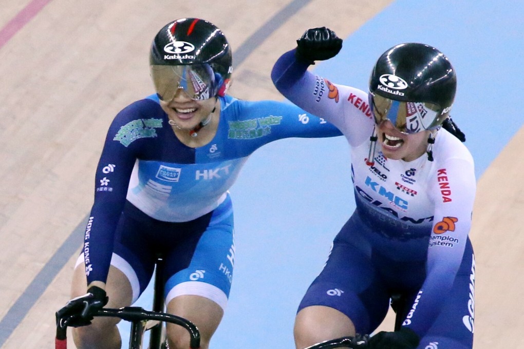 Hong Kong stars Sarah Lee and Jessica Lee finish first and third, respectively, in the women’s keirin at the Track Cycling World Cup at the Hong Kong Velodrome, in Tseung Kwan O, in 2019. Photo: SCMP / Felix Wong