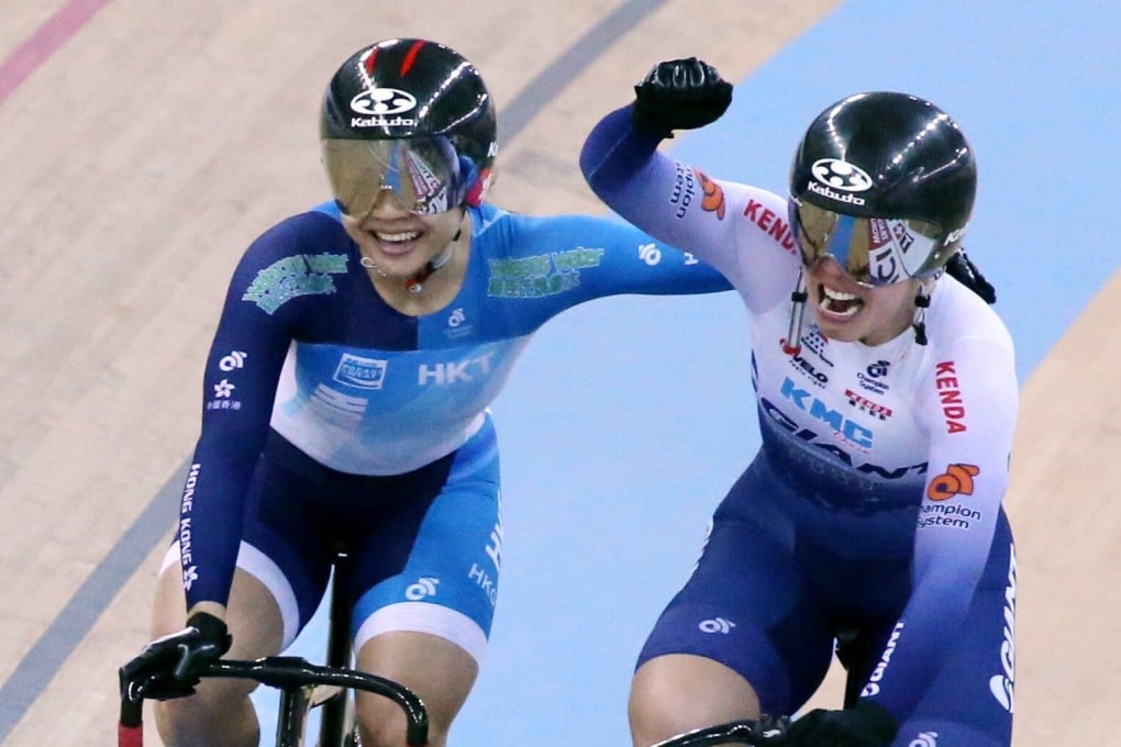 Hong Kong stars Sarah Lee and Jessica Lee finish first and third, respectively, in the women’s keirin at the Track Cycling World Cup at the Hong Kong Velodrome, in Tseung Kwan O, in 2019. Photo: SCMP / Felix Wong