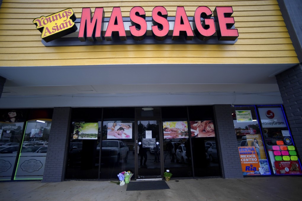 A makeshift memorial is seen in March outside an Atlanta-area massage business where multiple fatal shootings occurred. Photo: AP