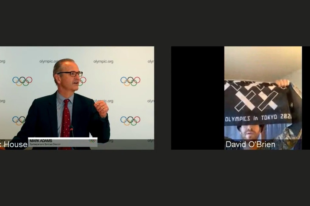 A protester going by the name of David O‘Brien manages to steal screen time during the IOC’s online press conference on May 12 with spokesman Mark Adams. Screenshot: SCMP