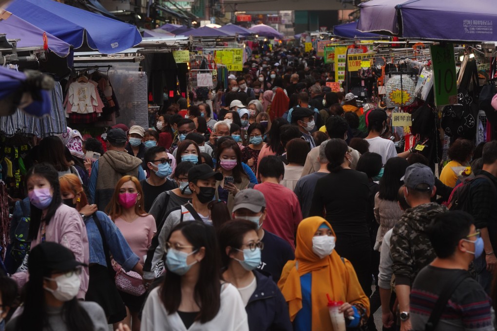 A crowded street in Mong Kok shortly after the government eased social-distancing rules in mid-February. Photo: Sam Tsang