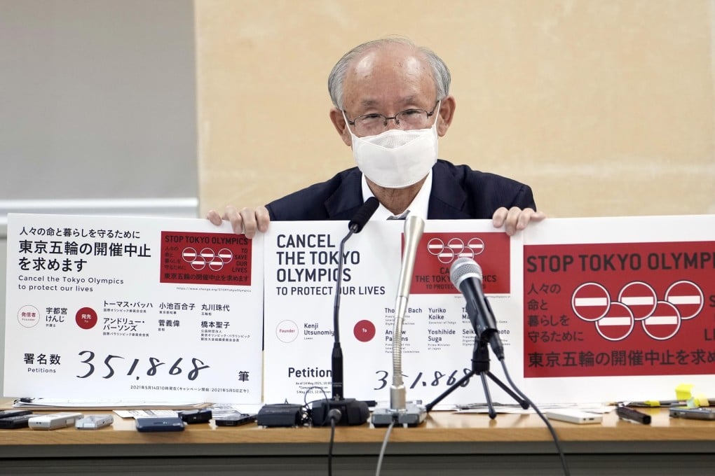 Kenji Utsunomiya after submitting a petition calling for the cancellation of the Tokyo Olympics. Photo: Kyodo