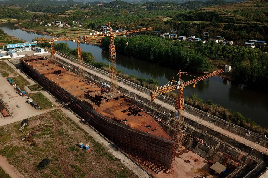 Aerial photo taken on April 27, 2021 shows a still-under-construction replica of the Titanic ship in Daying County in China's southwest Sichuan province. It will be the centrepiece of a theme park in southwest China, where tourists can splash out for a night on the true-to-size vessel. Photo: AFP