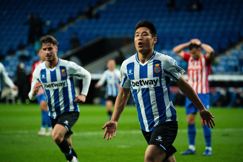 Espanyol's Wu Lei celebrates his goal during a Spanish second division football match between RCD Espanyol and Real Sporting de Gijón last December. Photo: Xinhua