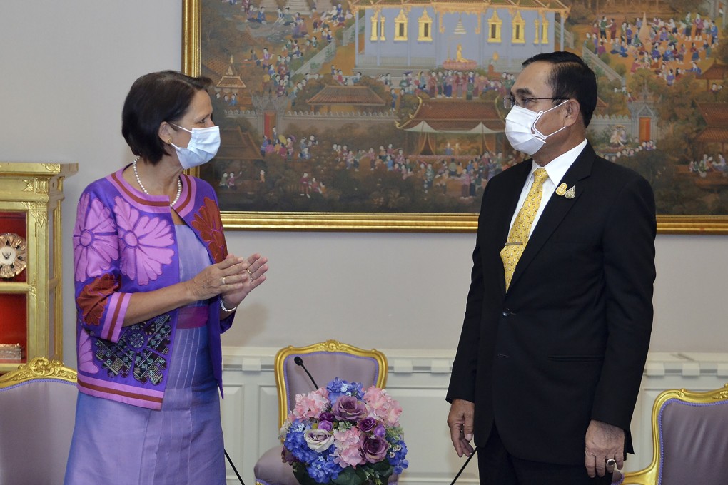 United Nations Special Envoy to Myanmar Christine Schraner Burgener, left, and Thailand’s Prime Minister Prayuth Chan-ocha at Government House in Bangkok, Thailand on Friday. Photo: Government Spokesman Office via AP