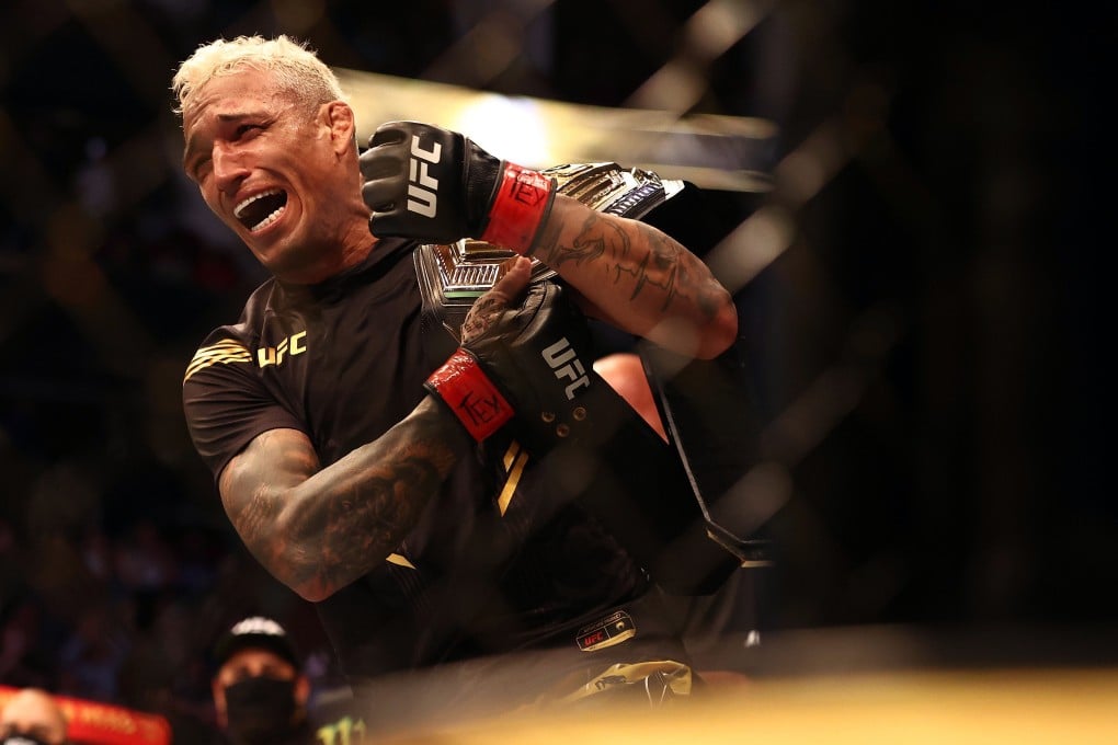Charles Oliveira reacts following his victory against Michael Chandler at UFC 262. Photo: USA TODAY Sports