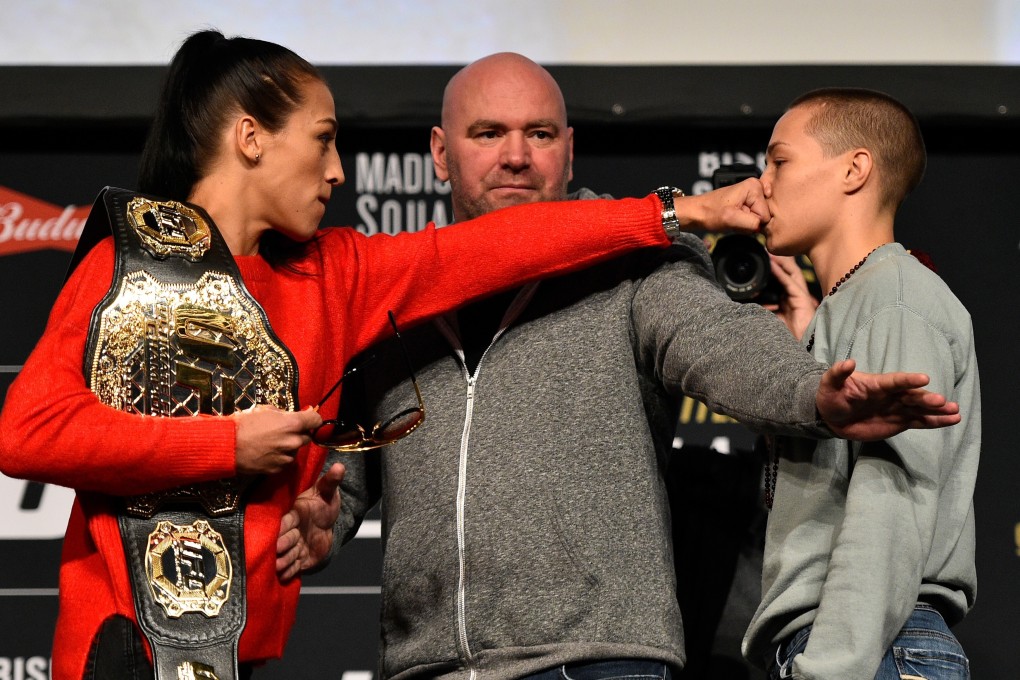 Joanna Jedrzejczyk and Rose Namajunas face off during the UFC 217 press conference inside Madison Square Garden. Photo: Jeff Bottari/Zuffa LLC via Getty Images
