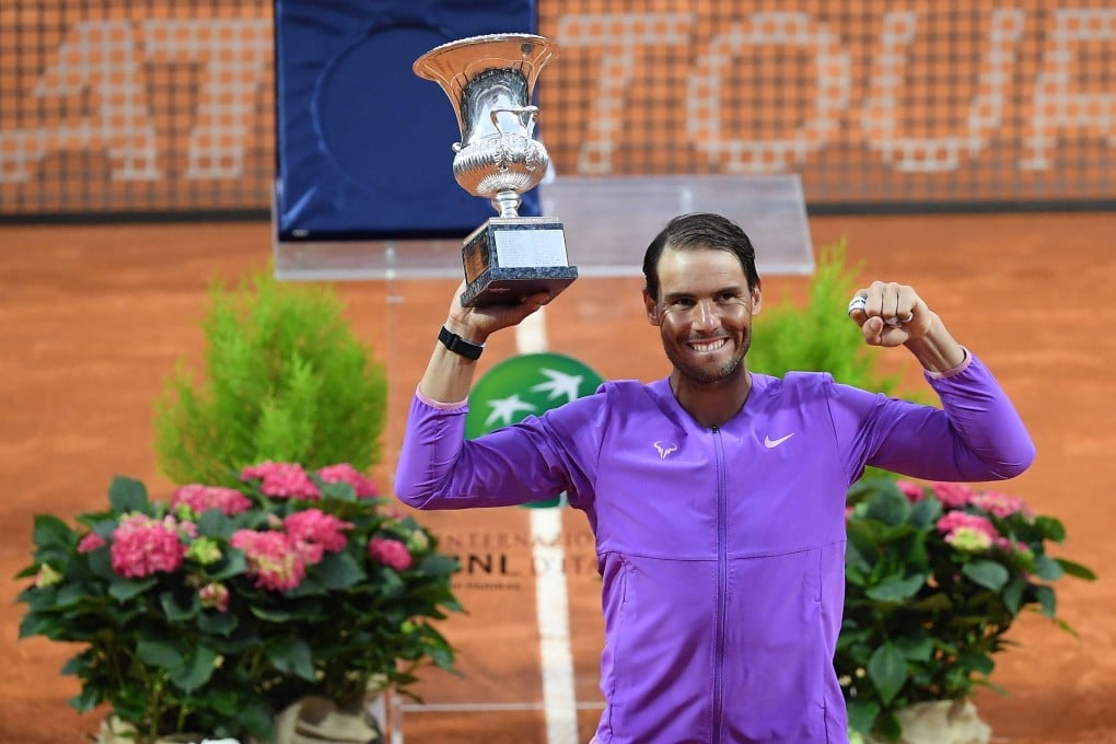 Rafael Nadal of Spain poses with his trophy after winning his men’s singles final against Novak Djokovic of Serbia at the Italian Open tennis tournament in Rome, Italy on Sunday. Photo: EPA-EFE