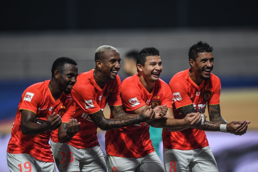 Guangzhou Evergrande players (from left) Fernandinho, Anderson Talisca, Elkeson and Paulinho celebrate a goal in the 2020 Chinese Super League. Talisca has signed for Saudi Arabia’s Al-Nassr after being unable to return to China. Photo: Xinhua