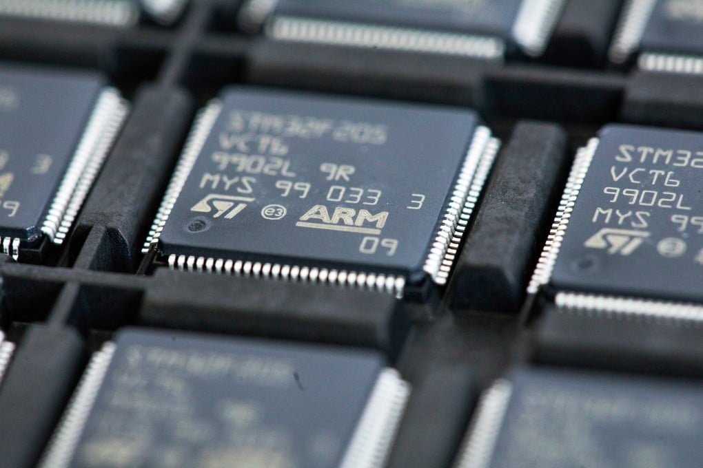 A STMicroelectronics chip, designed by ARM, seen in a storage tray at CSI Electronic Manufacturing Services in Witham, UK, April 28, 2021. Photo: Bloomberg