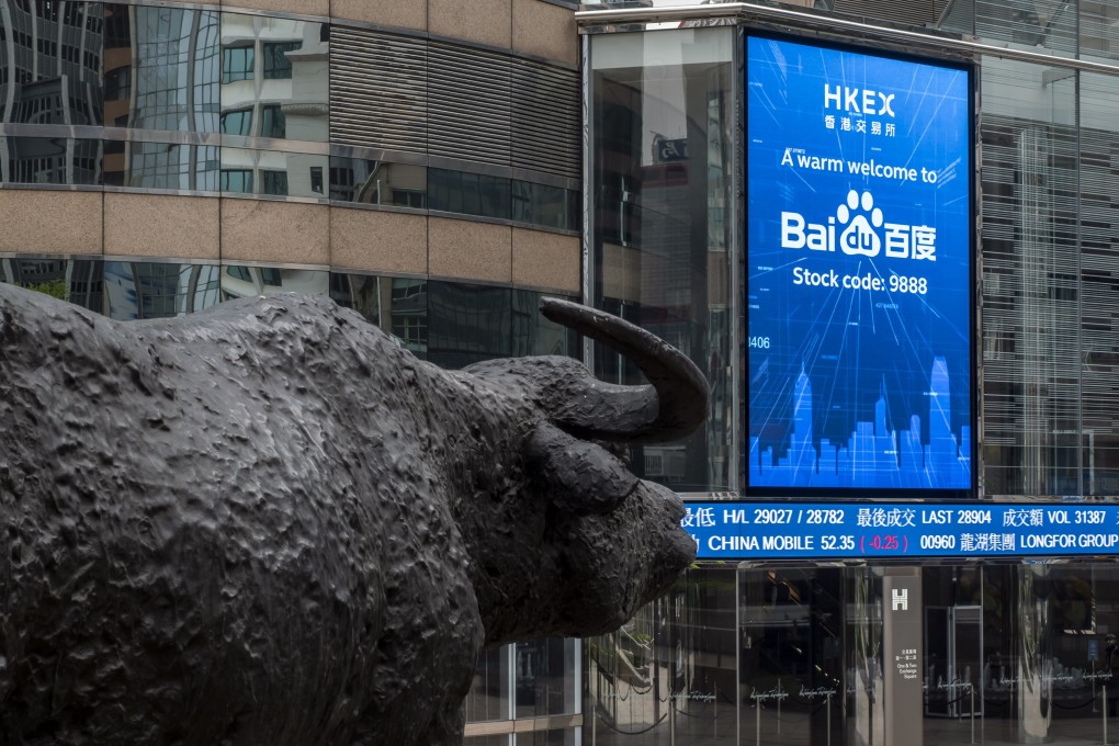 A screen marking the listing of Baidu on the Hong Kong stock exchange outside the Exchange Square complex in Hong Kong on Tuesday, March 23, 2021. Photo: Bloomberg.