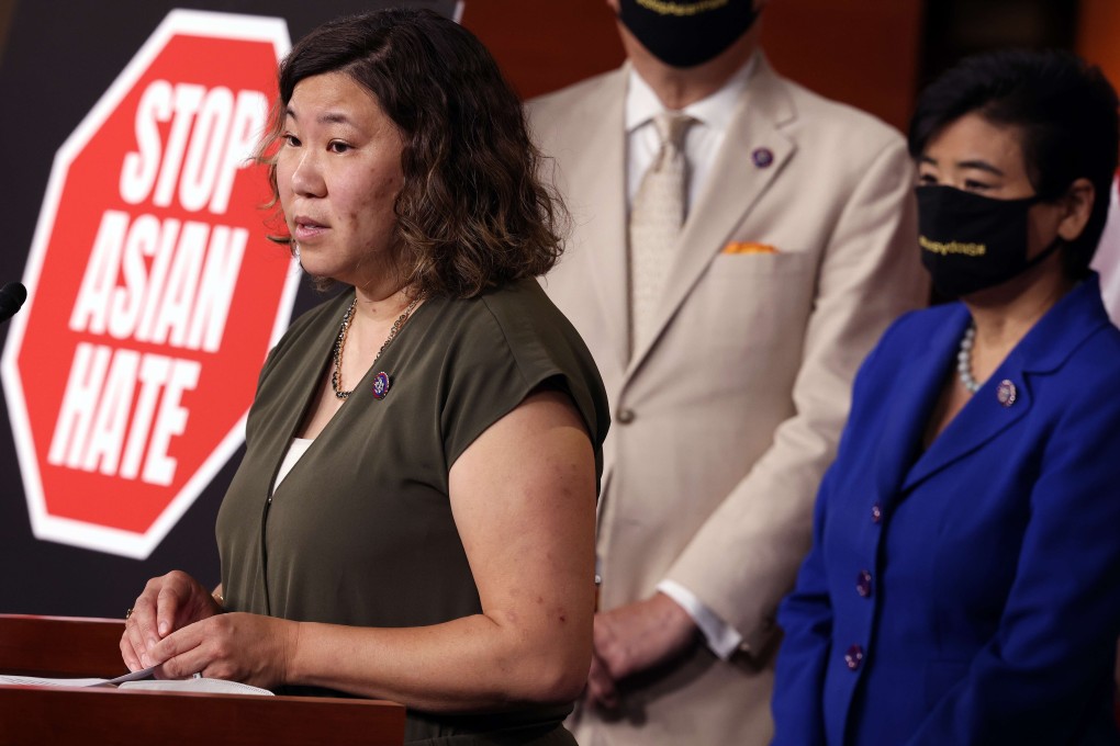 US Congresswoman Grace Meng (left, with congresswoman Judy Chu) speaks on the Covid-19 Hate Crimes Act at the Capitol on Tuesday. Photo: AFP