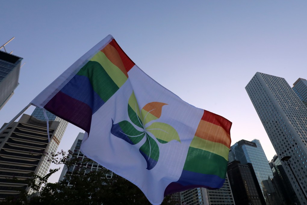 A Hong Kong flag in rainbow colours flies during the Pride Parade rally in Central in November 2019. Photo: Felix Wong