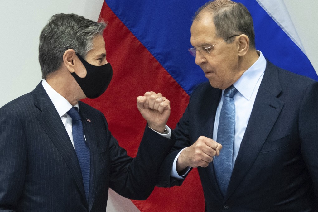 US Secretary of State Antony Blinken (left) greets Russian Foreign Minister Sergey Lavrov as they arrive for a meeting at the Harpa Concert Hall in Reykjavik, Iceland on Wednesday. Photo: AP