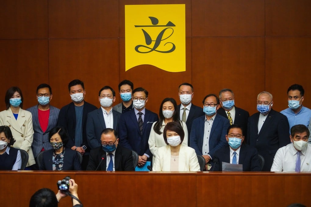 Pro-establishment lawmakers meet the media at the Legislative Council on March 30, 2021. Photo: Winson Wong