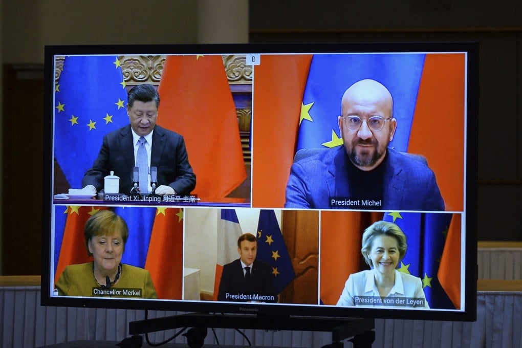 President Xi Jinping (top left) attends a video conference call with top European Union officials in December to finalise the terms of a China-EU business investment deal that was suspended this week. Photo: AP