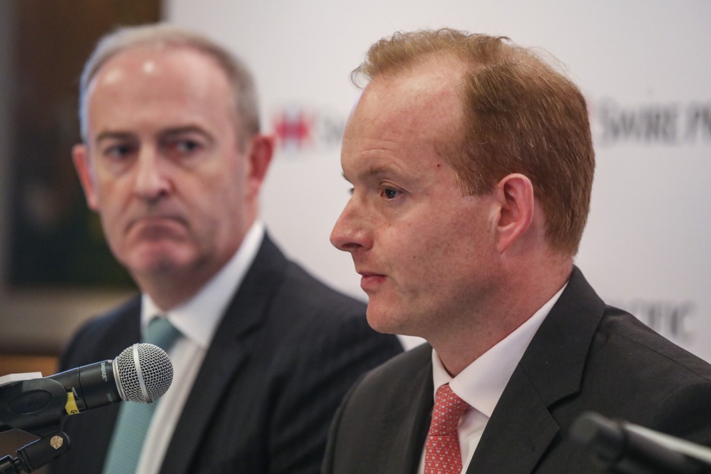 Guy Bradley, CEO of Swire Properties (left) with Merlin Swire, who is stepping down as chairman of Swire Pacific and Swire Properties. Photo: K. Y. Cheng