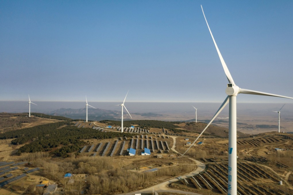 Wind turbines and solar panels in this aerial photograph taken near Fuxin, Liaoning province, China in November 2020. Photo: Bloomberg