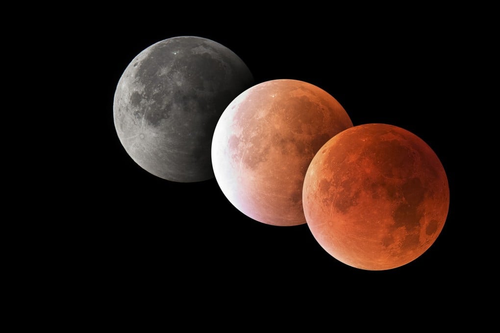 A super blood moon turns orangey-red (above, right). The colour fades as a partial eclipse ensues (above, centre), followed by a penumbral eclipse, when the moon appears a dulled grey (above. left). Photo: Getty Images/Westend61