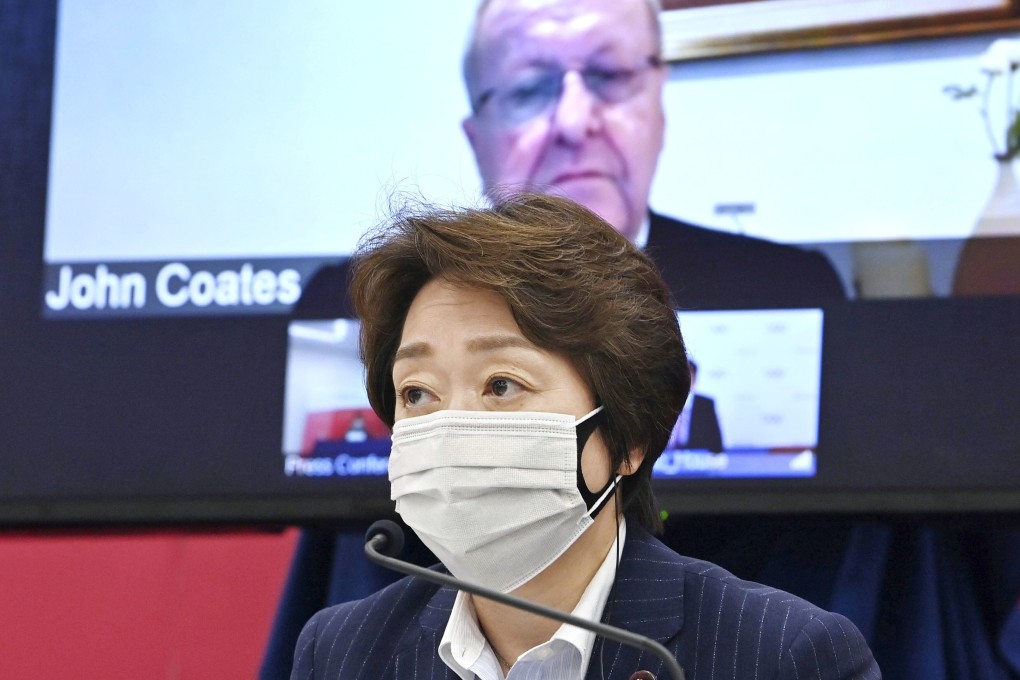 President of the Tokyo Olympic and Paralympic organising committee, Seiko Hashimoto, at a press conference with International Olympic Committee vice-president John Coates in Tokyo, Japan in May. Photo: Kyodo