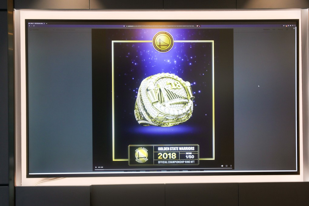 A commemorative ring backed by NFT (non-fungible tokens) and authorised by NBA team the Golden State Warriors, on display at the CoinUnited.io flagship shop in Causeway Bay. Photo: Xiaomei Chen