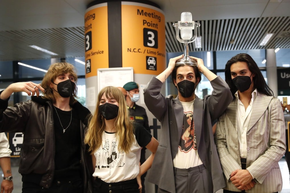 From left, Thomas Raggi, Victoria De Angelis, Damiano David, and Ethan Torchio of Italian band Maneskin at Rome’s Fiumicino airport on Sunday. Photo: AP