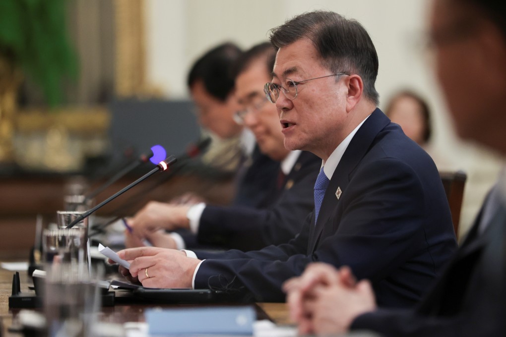 South Korea’s President Moon Jae-in speaks during an expanded bilateral meeting with US President Joe Biden (not pictured) at the White House in Washington on Friday. Photo: Reuters