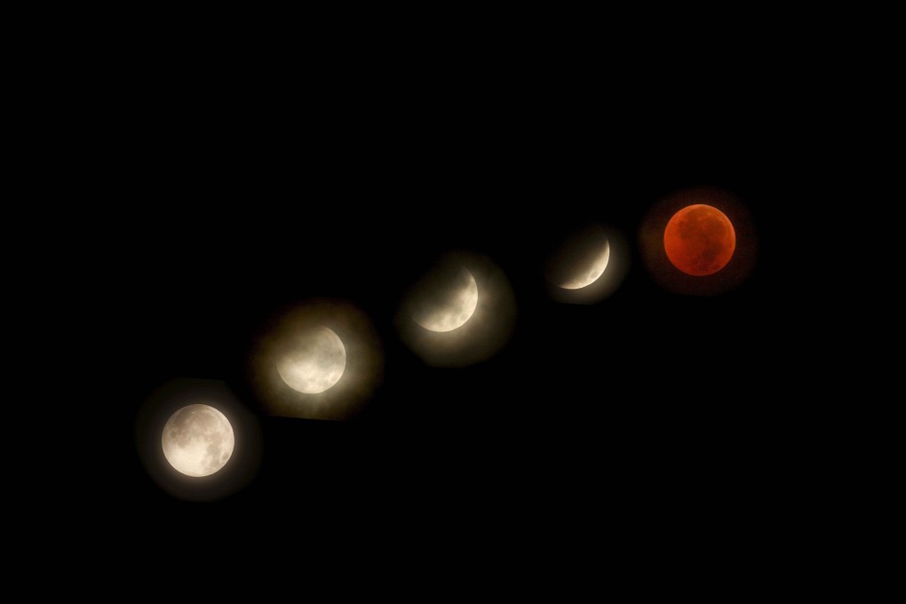 A composite image shows the progression of the last total lunar eclipse visible in Hong Kong on July 28, 2018. Photo: Felix Wong
