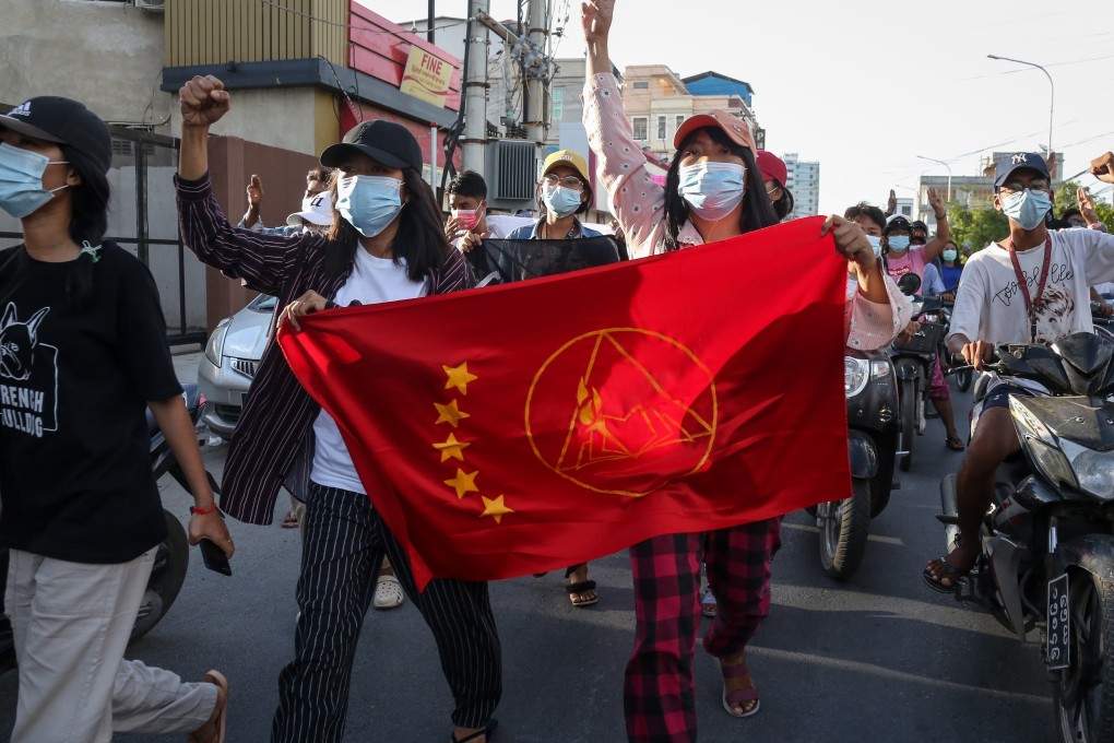 Demonstrators march during a protest against the military coup in Mandalay. Photo: EPA