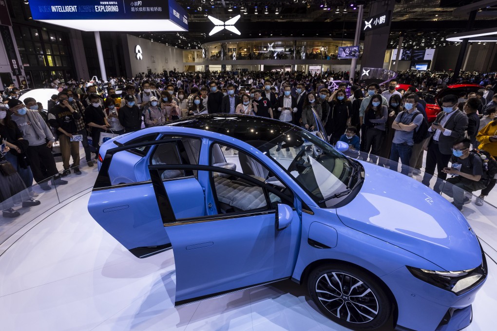 An Xpeng P5 car on display at the Auto Shanghai 2021 motor show. Smart car assemblers are in a race to build EVs that have autonomous assistance features. Photo: EPA-EFE