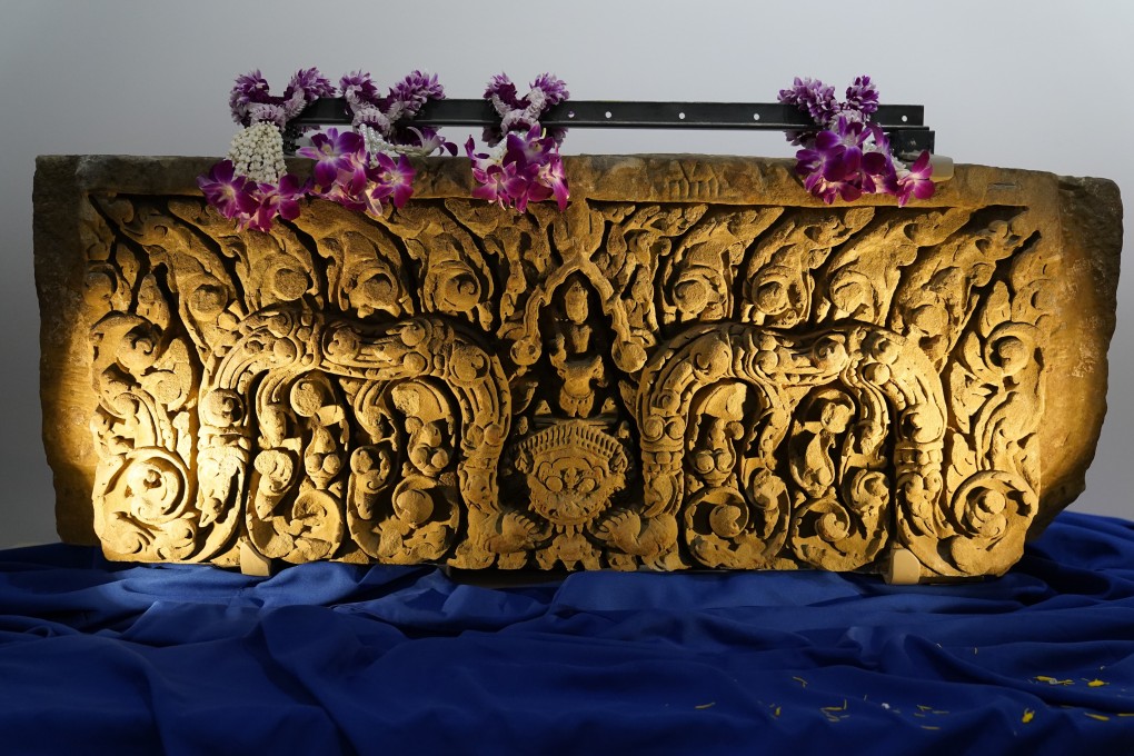 A lintel originally from the Nong Hong Sanctuary in Thailand is displayed during a ceremony to return it. Photo: AP