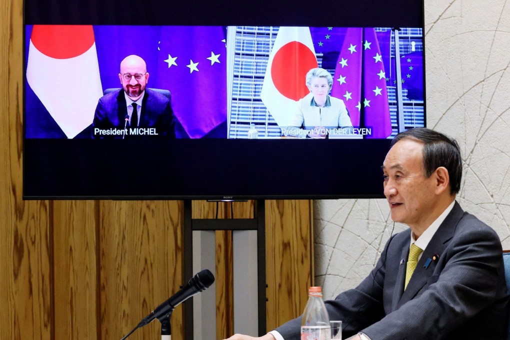 Prime Minister Yoshihide Suga attends the EU-Japan virtual summit on Thursday. Photo: Jiji Press/Japan’s Cabinet Public Relations Office/AFP