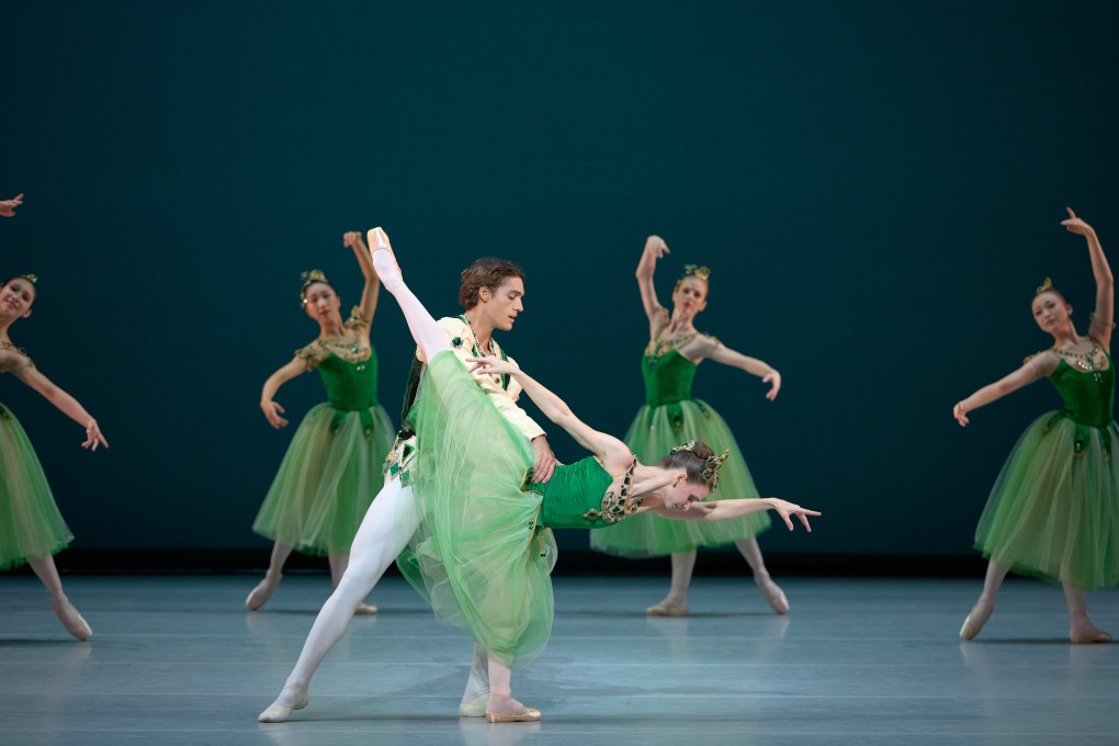 Daniel Camargo and Amber Lewis (foreground) in Hong Kong Ballet’s performance of Emeralds, the second of the three pieces that make up Balanchine’s work Jewels. Photo: Hong Kong Ballet/Conrad Dy-Liacco