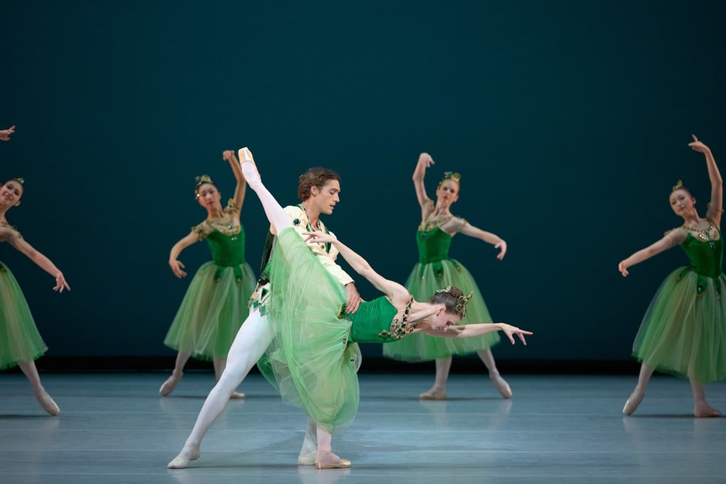 Daniel Camargo and Amber Lewis (foreground) in Hong Kong Ballet’s performance of Emeralds, the second of the three pieces that make up Balanchine’s work Jewels. Photo: Hong Kong Ballet/Conrad Dy-Liacco