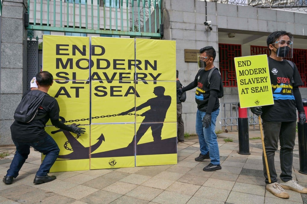 Indonesian maritime workers take part in a rally in front of the Chinese embassy in Jakarta in December to condemn suspected forced labour on Chinese fishing vessels. Photo: AFP