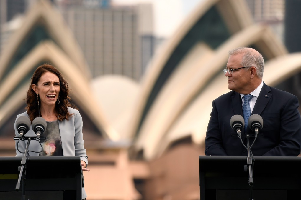 New Zealand Prime Minister Jacinda Ardern and Australian Prime Minister Scott Morrison at Admiralty House in Sydney, Australia, in February 2020. The pair are to meet again on Sunday. Photo: EPA