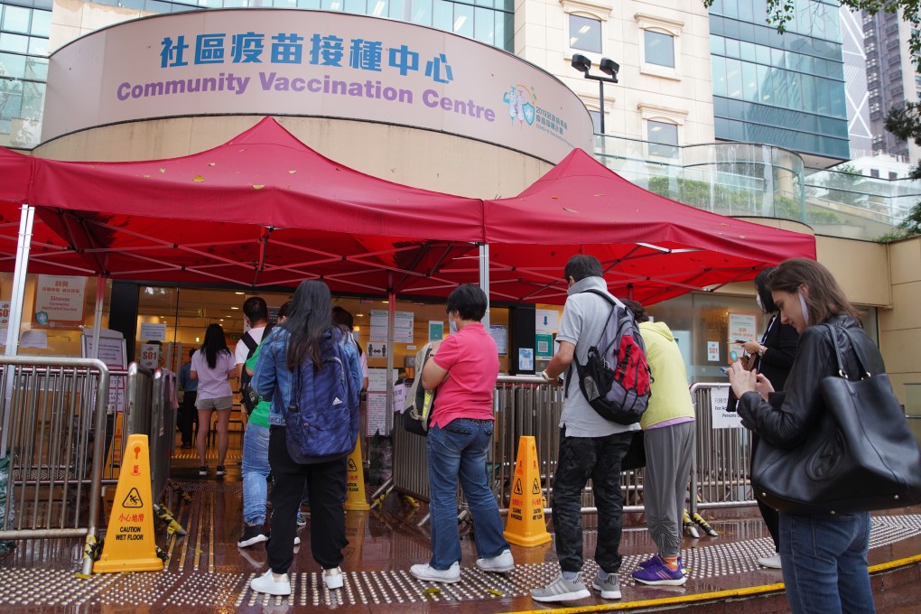 People line up at a community vaccination centre offering the Sinovac vaccine outside Hong Kong Central Library on May 3. Photo: Winson Wong