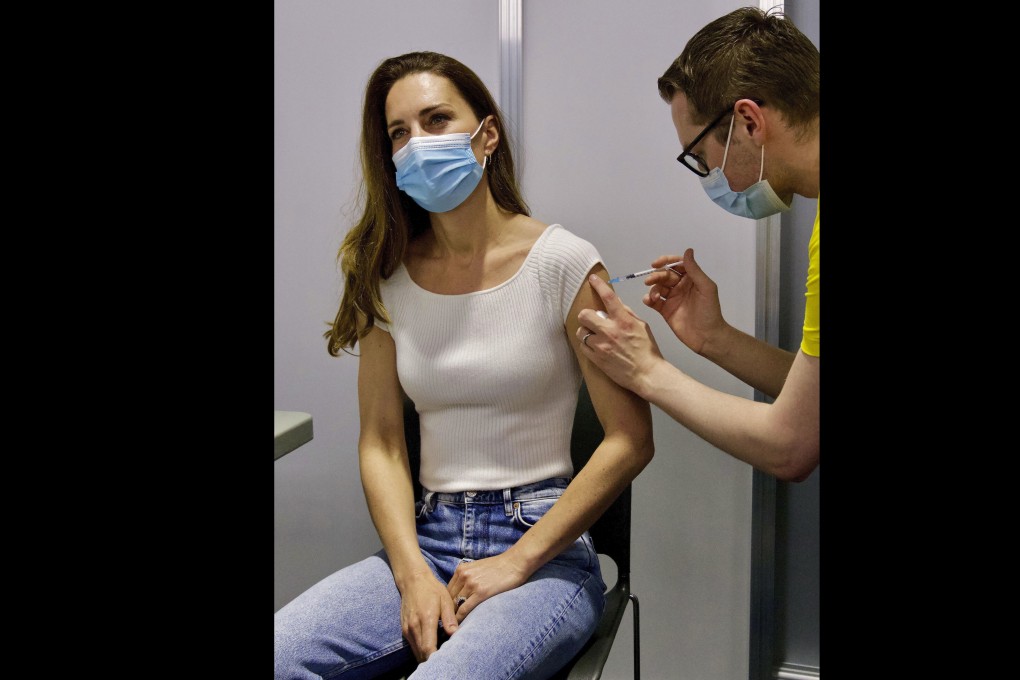 Britain’s Kate Middleton, the Duchess of Cambridge, receives her coronavirus vaccine at London’s Science Museum on Friday. Photo: Kensington Palace via AP