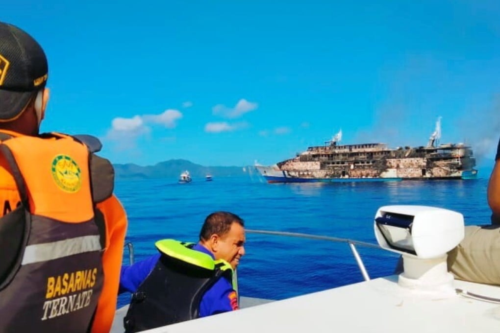 Passenger ferry KM Karya Indah is seen damaged by fire in North Maluku province, Indonesia. Photo: Barsanas handout via Reuters